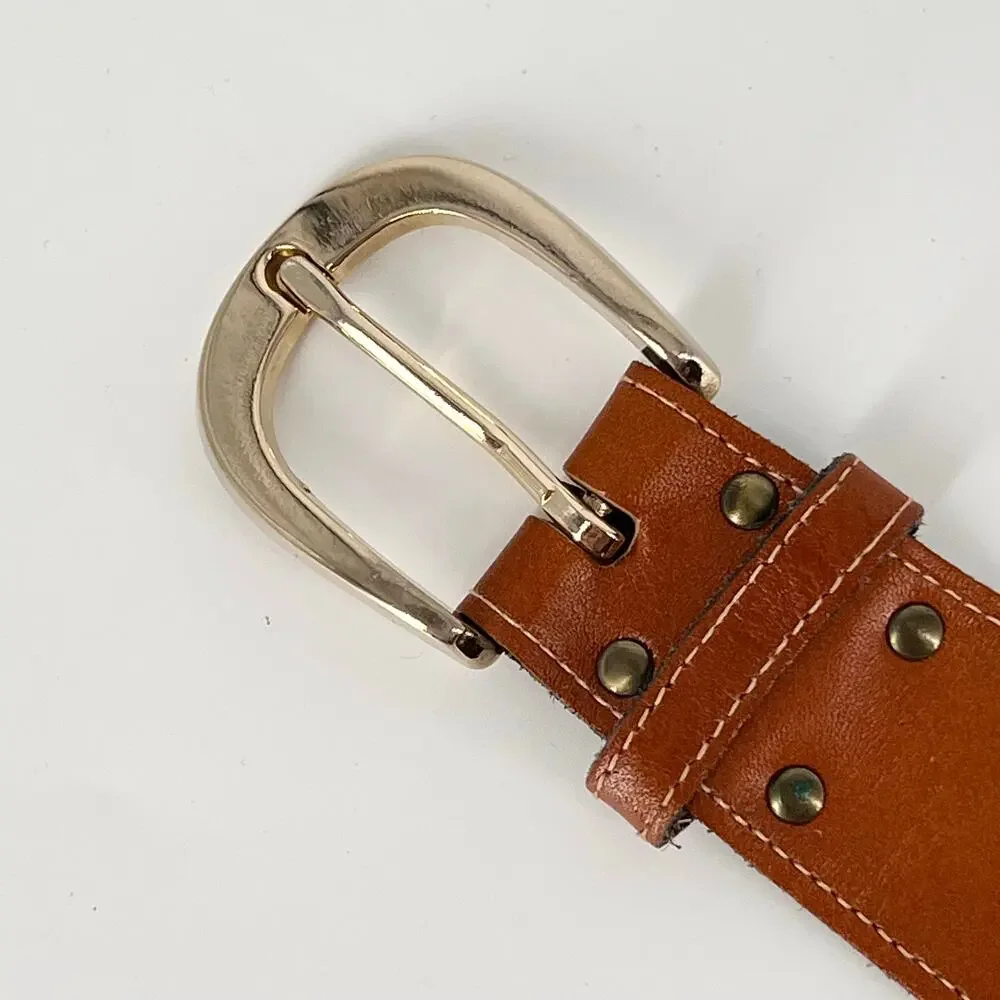 Wide Brown Leather Belt Back Buckle Boho Bohemian
